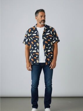 Common people Navy Short-Sleeve Button Shirt with Abstract Orange & Cream Print